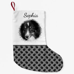 Custom Pet Photo Template With Black Paws On Gray Small Christmas Stocking