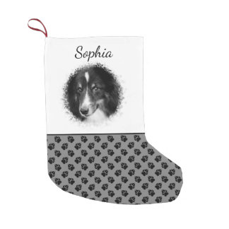 Custom Pet Photo Template With Black Paws On Gray Small Christmas Stocking