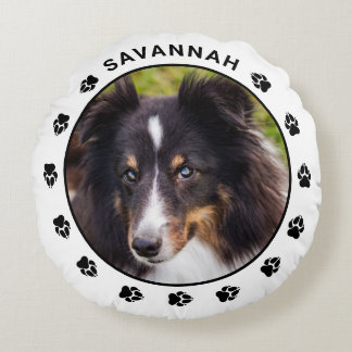 Custom Pet Photo Template With Paws &amp; Name Round Pillow