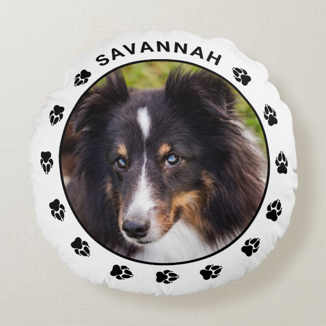 Custom Pet Photo Template With Paws & Name Round Pillow (Front)