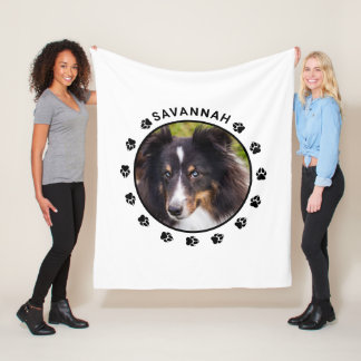Custom Pet Photo Template With Paws &amp; Text Fleece Blanket