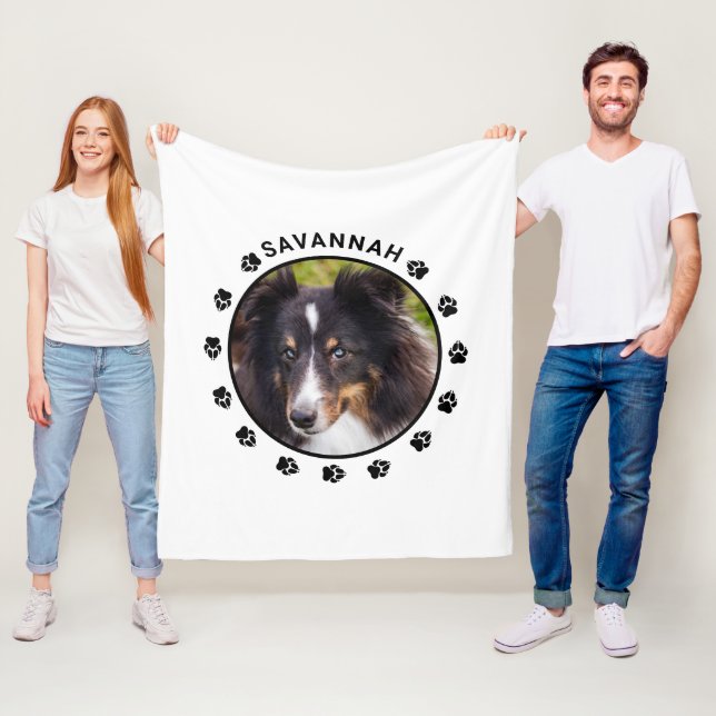 Custom Pet Photo Template With Paws & Text Fleece Blanket (In Situ)