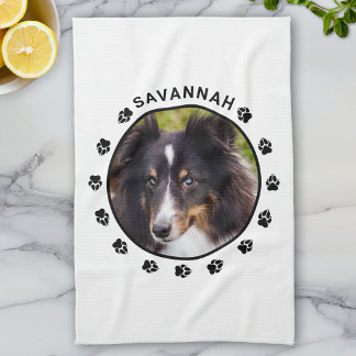 Custom Pet Photo Template With Paws &amp; Text Kitchen Towel