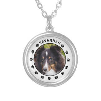 Custom Pet Photo Template With Paws &amp; Text Silver Plated Necklace