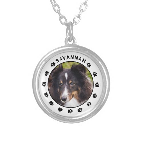 Custom Pet Photo Template With Paws  Text Silver Plated Necklace