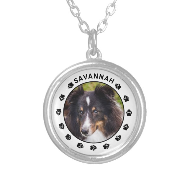 Custom Pet Photo Template With Paws & Text Silver Plated Necklace (Front)
