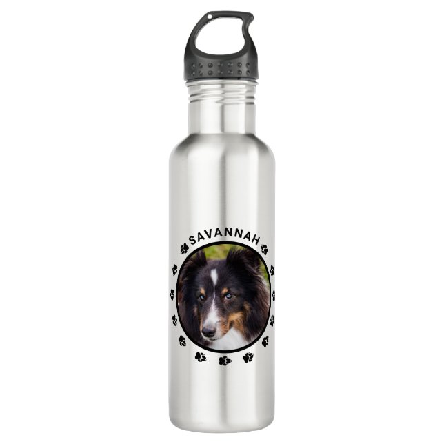 Custom Pet Photo Template With Paws & Text Stainless Steel Water Bottle (Front)