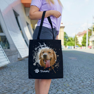 Custom Pet Photo Tote Bag with Name –Black & White
