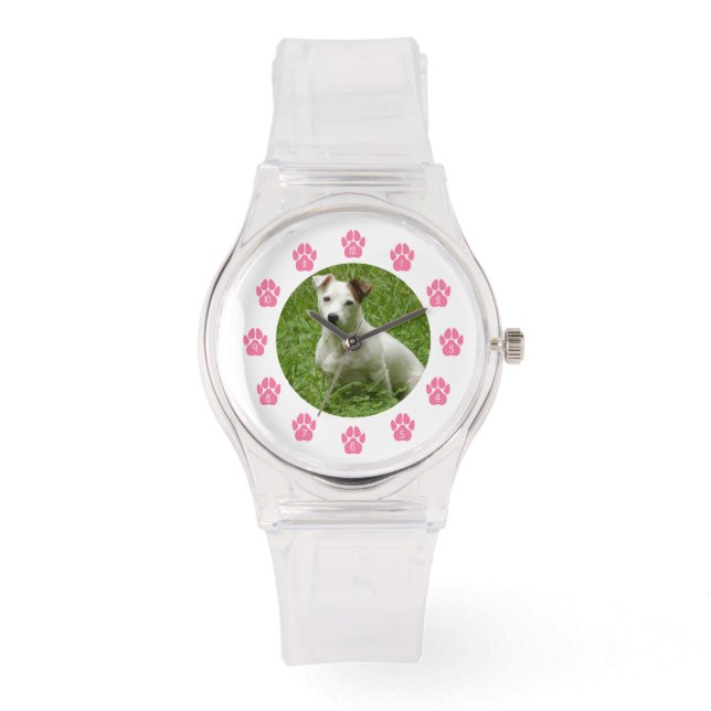 Custom Pet Photo Watch - Pink Paw Prints (Front)