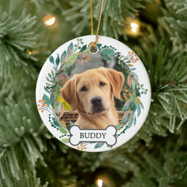 Custom Pet Photo Watercolor Greenery Floral Wreath Ceramic Ornament (Tree)