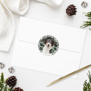 Custom Pet Photo White Paw Print Border Classic Round Sticker