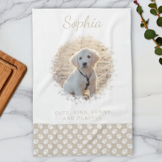 Custom Pet Photo &amp; White Paws On Beige &amp; Your Text Kitchen Towel