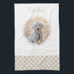 Custom Pet Photo & White Paws On Beige & Your Text Kitchen Towel<br><div class="desc">Beautiful custom pet photo template in white and beige colors by Destei. Replace the sample pet photo with a photograph of your own pet and personalize the text areas with your pet's name and your custom text. The bottom part of the design features a pattern of white dog paw prints...</div>