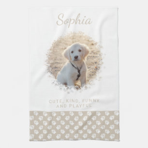 Custom Pet Photo & White Paws On Beige & Your Text Kitchen Towel