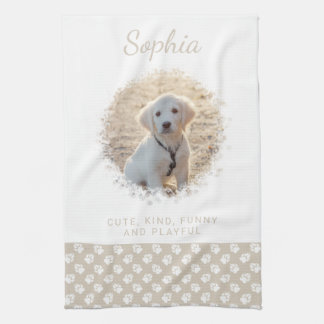 Custom Pet Photo & White Paws On Beige & Your Text Kitchen Towel