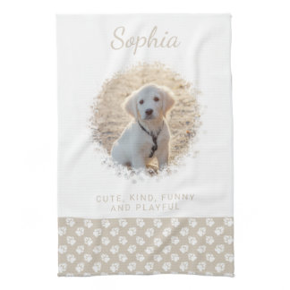 Custom Pet Photo &amp; White Paws On Beige &amp; Your Text Kitchen Towel