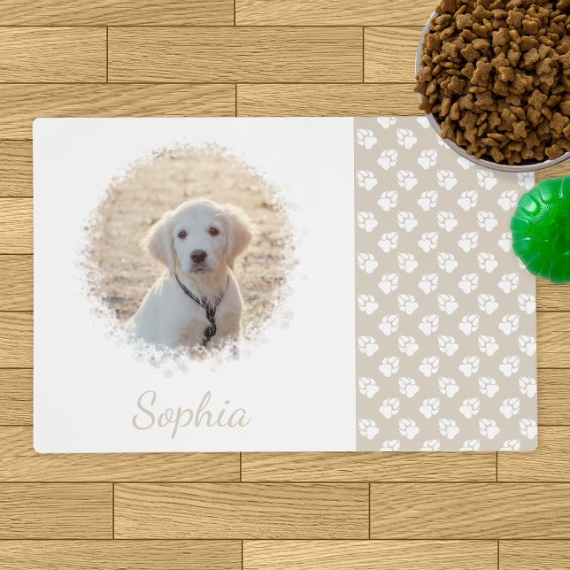 Custom Pet Photo & White Paws On Beige & Your Text Placemat (Creator Uploaded)