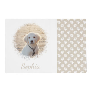 Custom Pet Photo &amp; White Paws On Beige &amp; Your Text Placemat