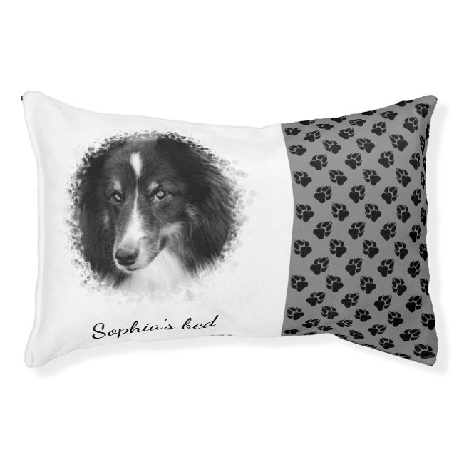Custom Pet Photo With Black Paws & Pet's Name Bed (Front)