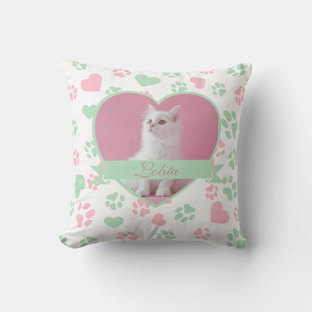 Custom Pet Photo with Cat Paw Prints Pattern Throw Pillow (Front)