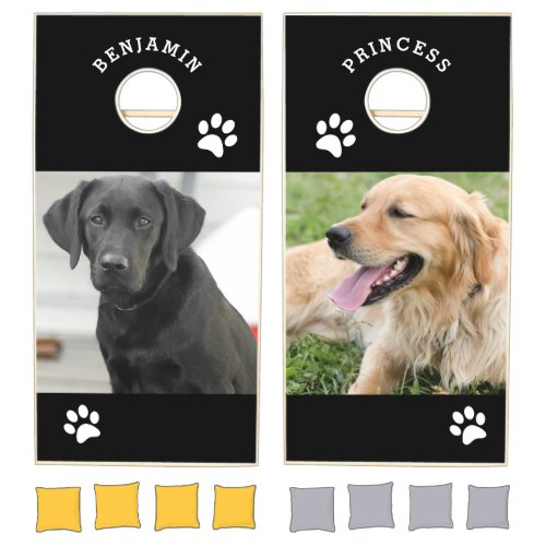 Custom Pet Photo with Dogs Name Black and White Cornhole Set