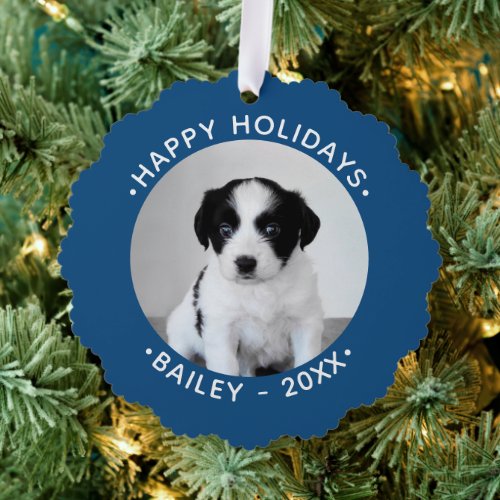 Custom Pet Photo with Name Blue Border Holiday Ornament Card
