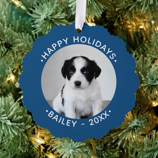 Custom Pet Photo with Name Blue Border Holiday Ornament Card (Insitu (Tree))