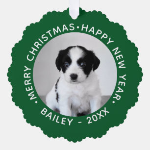 Custom Pet Photo with Name Green Border Christmas Ornament Card