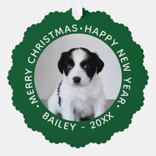 Custom Pet Photo with Name Green Border Christmas Ornament Card