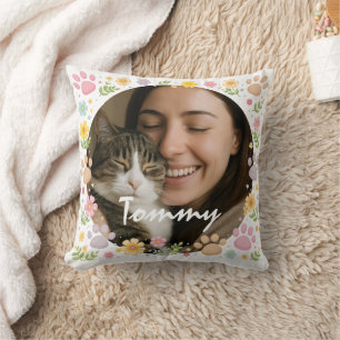 Custom Pet Photo with Name Paw Prints & Floral Throw Pillow