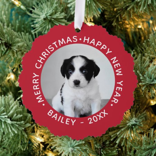 Custom Pet Photo with Name Red Border Christmas Ornament Card