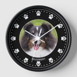 Custom Pet Photo With Paws Clock Face & Name