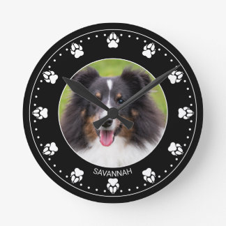 Custom Pet Photo With Paws Clock Face &amp; Name