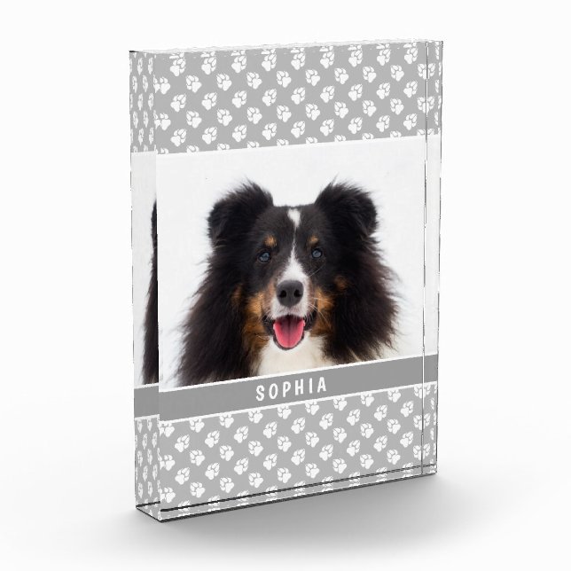 Custom Pet Photo With White Paws On Gray & Name (Left)
