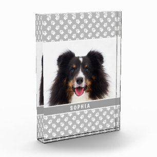 Custom Pet Photo With White Paws On Gray & Name Block
