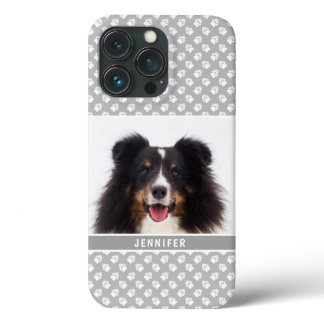 Custom Pet Photo With White Paws On Gray &amp; Name iPhone 13 Pro Case
