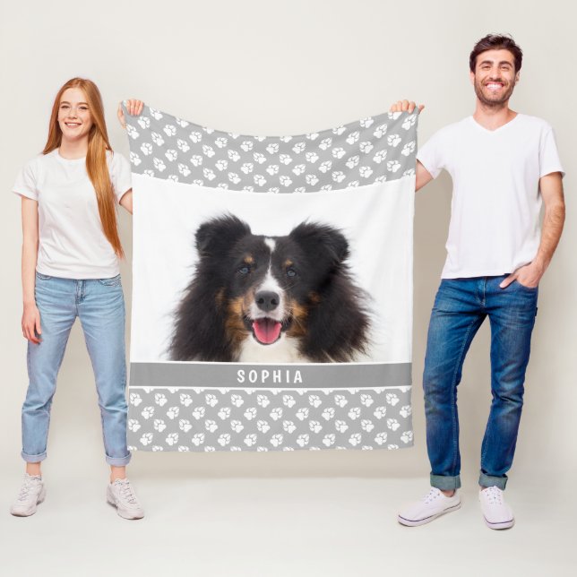 Custom Pet Photo With White Paws On Gray & Name Fleece Blanket (In Situ)