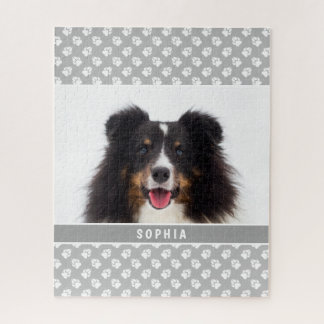 Custom Pet Photo With White Paws On Gray &amp; Name Jigsaw Puzzle