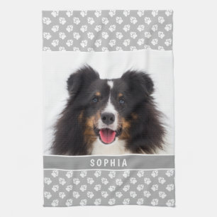 Custom Pet Photo With White Paws On Gray & Name Kitchen Towel