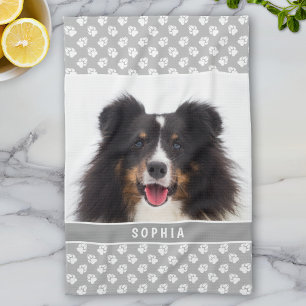 Custom Pet Photo With White Paws On Gray & Name Kitchen Towel