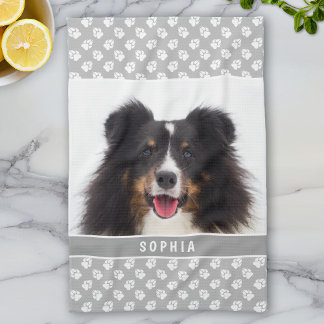 Custom Pet Photo With White Paws On Gray &amp; Name Kitchen Towel