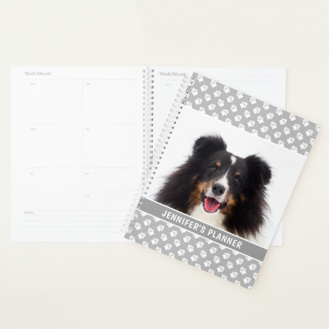 Custom Pet Photo With White Paws On Gray & Name Planner (Display)