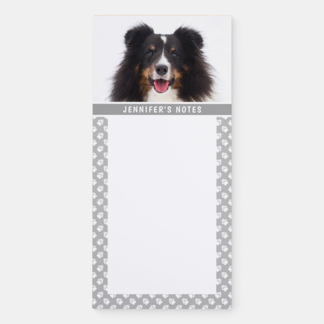 Custom Pet Photo With White Paws On Gray & Text Magnetic Notepad (Front)