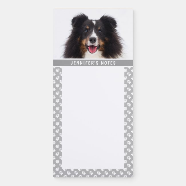 Custom Pet Photo With White Paws On Gray & Text Magnetic Notepad