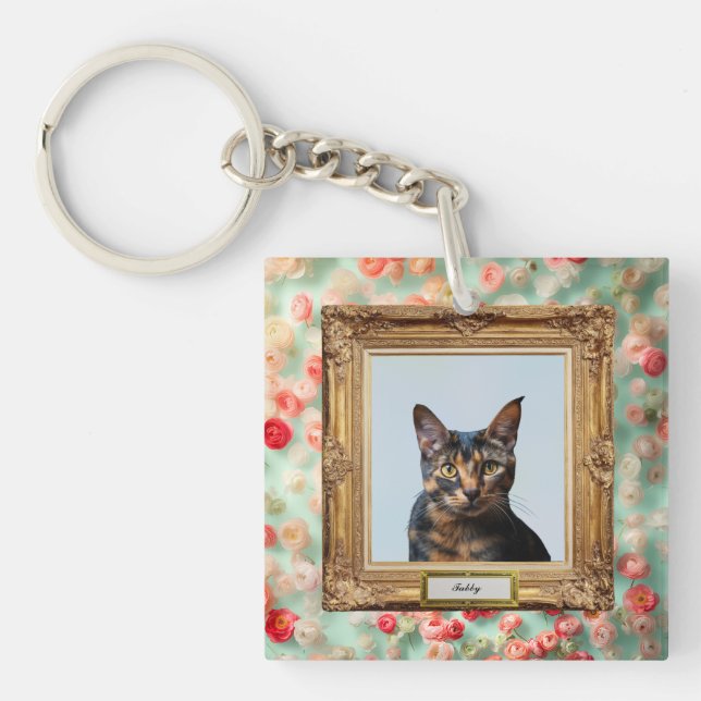 Custom Pet Portrait Key Holder – Cat in a Frame Keychain (Front)