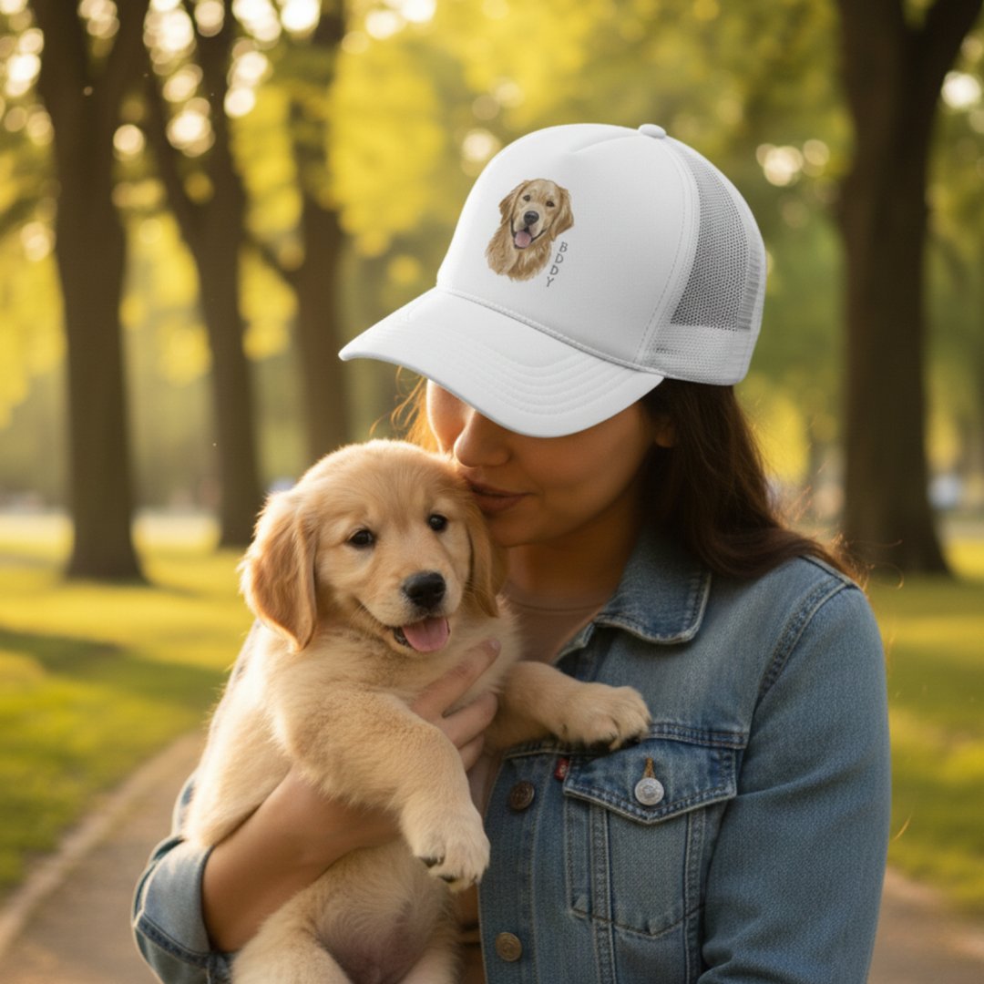 Personalized baseball cap with custom pet portrait and embroidered text, worn by a woman holding a dog in a woodland setting.