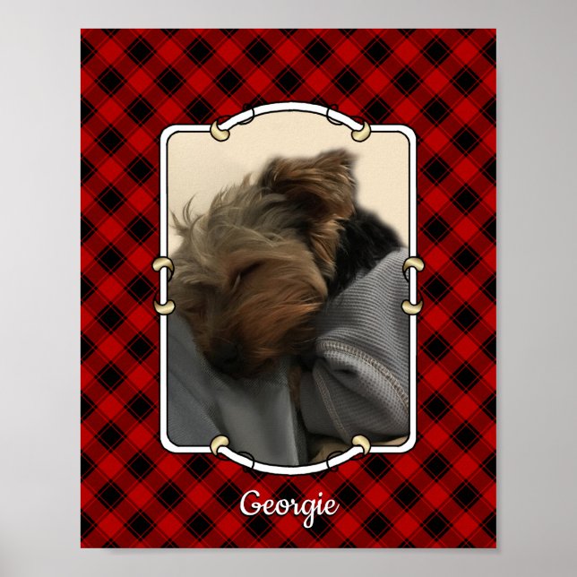Custom Pet Portrait Photo Frame Red & Black Plaid Poster (Front)