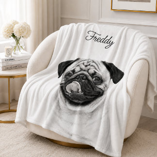 Custom Pet Portrait | Upload Photo + Text B & W Fleece Blanket