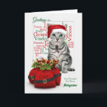 Custom Pet Sitter Christmas Tabby Cat Holiday Card<br><div class="desc">For the pet sitter on Christmas a cute gray tabby cat in a Santa hat and a gift of a mouse for their caregiver this holiday season.</div>