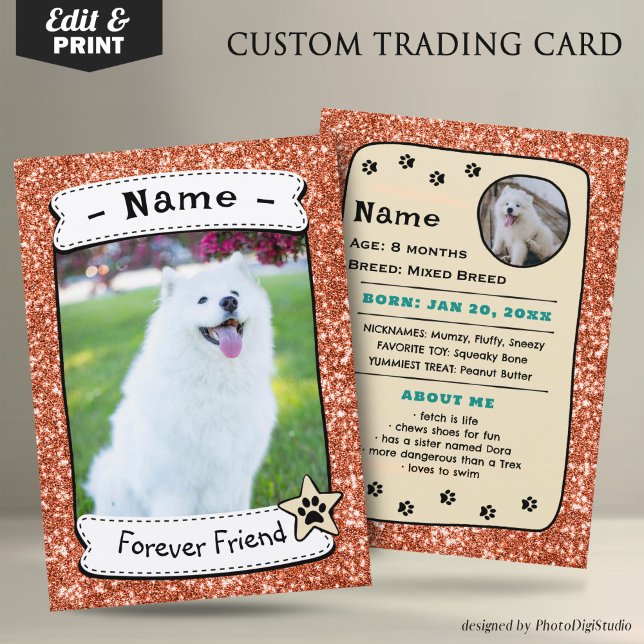 Custom Pet Trading Card, Therapy Dog Trading Calling Card (Glitter Orange Neutral Pet Trading Card Dog Trading Card Therapy Dog)